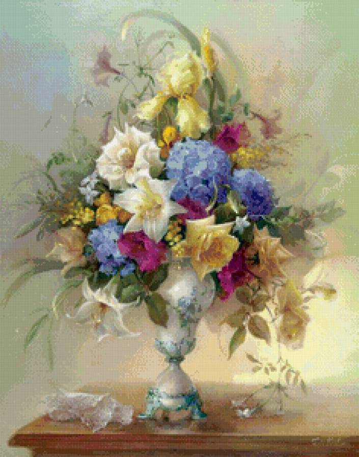 нежный букет в вазе - нежность, живопись, букет, ирис, лилия, ваза, акварель, цветы - предпросмотр
