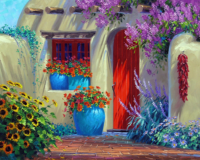южный дворик в цветах - цветы, дворик, уют, юг, домик, море, лето, жара - оригинал
