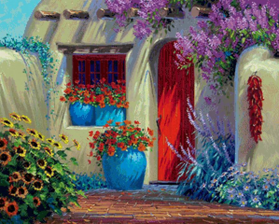 южный дворик в цветах - домик, цветы, юг, уют, дворик, жара, лето, море - предпросмотр