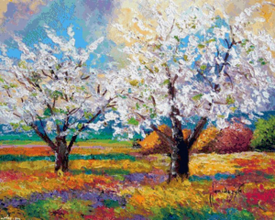 весенний сад - живопись, краски, абрикос, цвет, сад, весна, вишня, деревья - предпросмотр