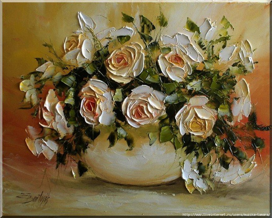 кремовые розы - розы, живопись, ваза, букет, натюрморт, масло, цветы, горшок - оригинал