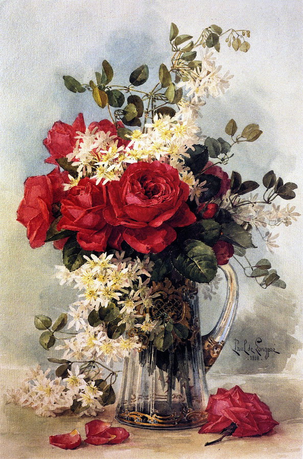 букет роз в стеклянном кувшине - букет, цветы, кувшин, розы, натюрморт, ваза, живопись - оригинал