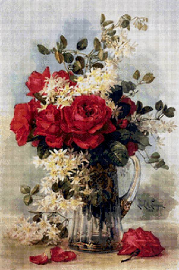 букет роз в стеклянном кувшине - букет, живопись, натюрморт, ваза, цветы, розы, кувшин - предпросмотр