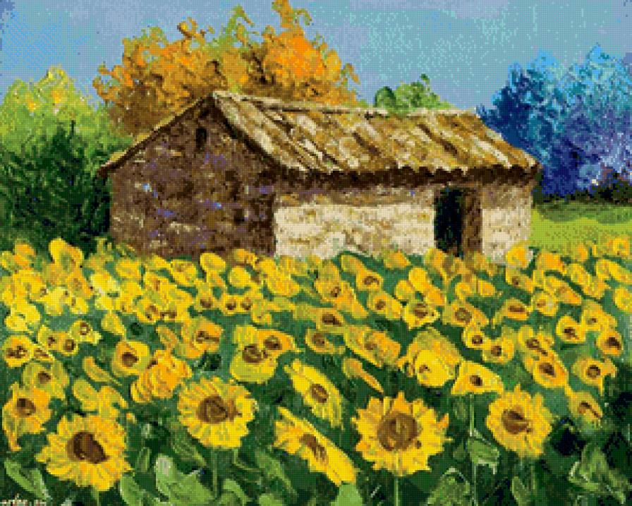 поле с подсолнухами - дом, цветы, лето, поле, пейзаж, подсолнухи, живопись - предпросмотр