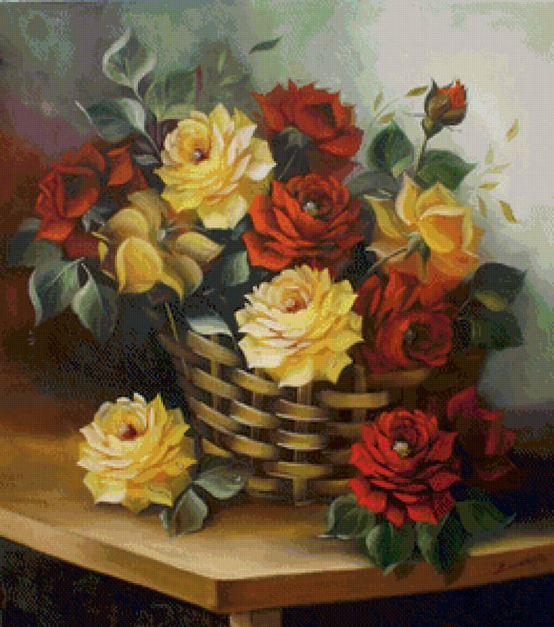 розы в корзине - панно, букет, цветы, живопись, корзина, розы - предпросмотр