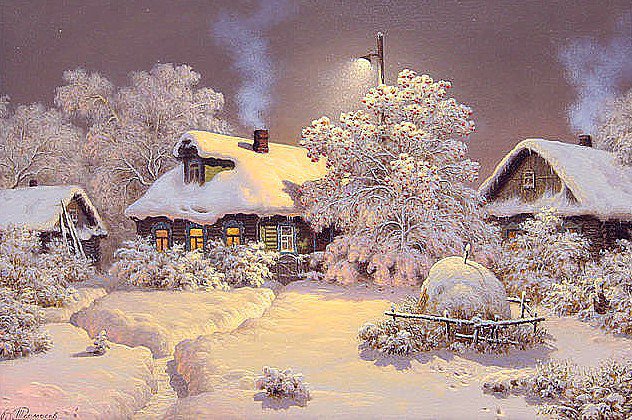 зимняя ночь - зима, снег, фонарь, изба - оригинал