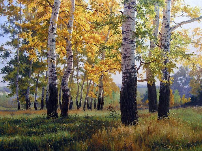 осень в берёзовой роще - живопись, роща, дерево, золото, осень, березы, природа - оригинал