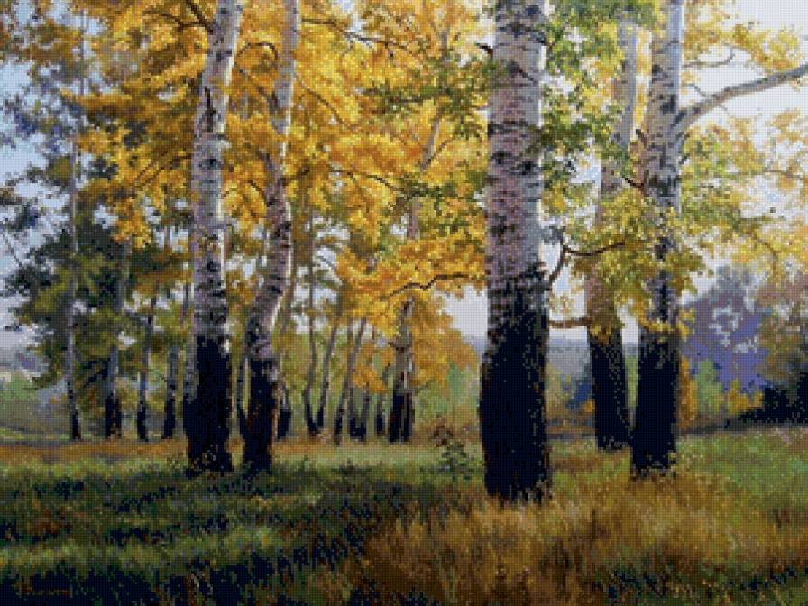 осень в берёзовой роще - живопись, осень, природа, дерево, золото, роща, березы - предпросмотр