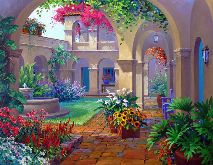 дворик в цветах - юг, море, жара, цветы, лето, домик, уют, дворик - оригинал