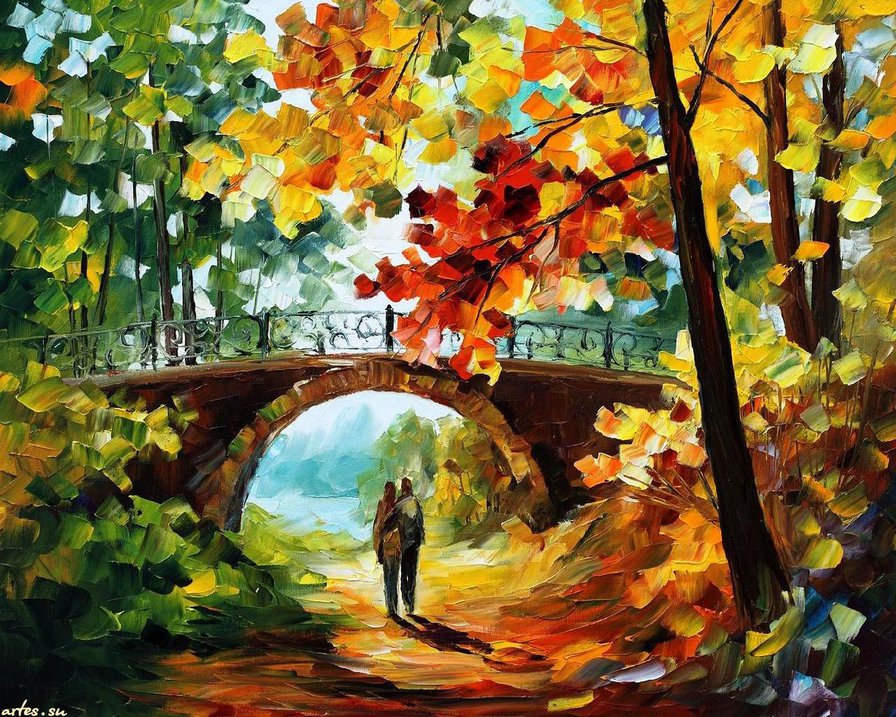 двое в осеннем парке - осень, двое, мост, пара, парк, дерево, любовь, природа, страсть - оригинал