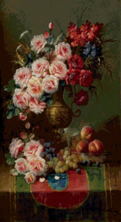 розы и фрукты - живопись, фрукты, натюрморт, букет, розы, цветы - предпросмотр