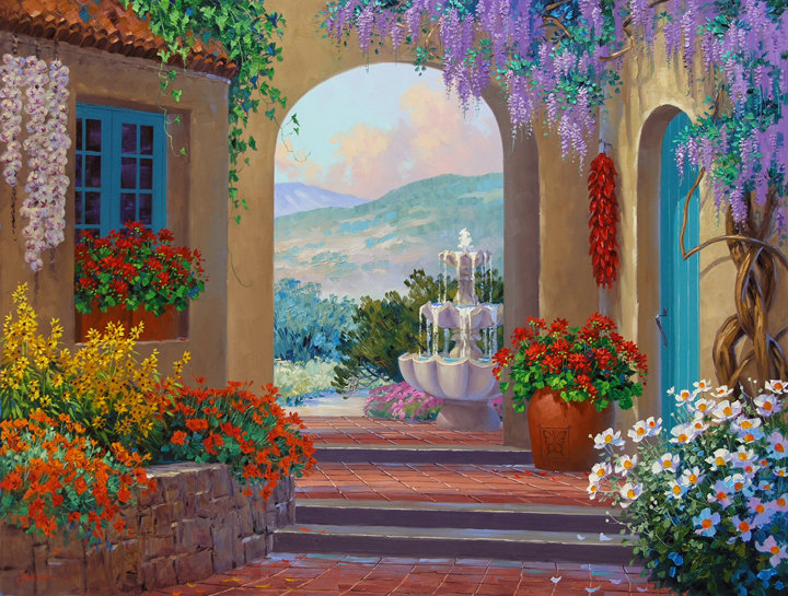 дворик в цветах - домик, жара, юг, дворик, лето, арка, цветы, уют - оригинал