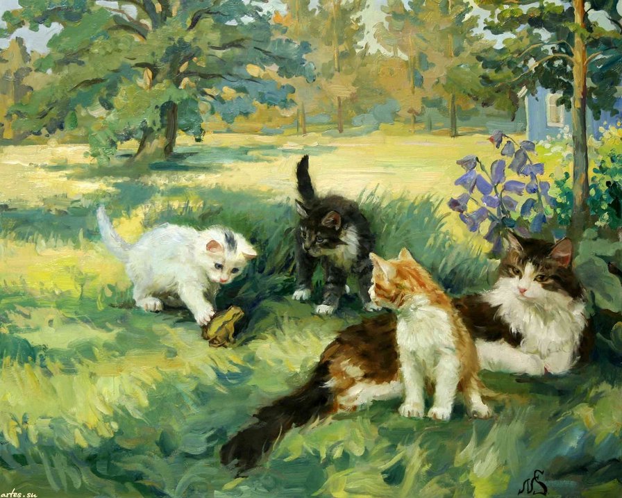 кошка с котятами - животные, живопись, дети, котята, природа, кошка, мать, сад - оригинал