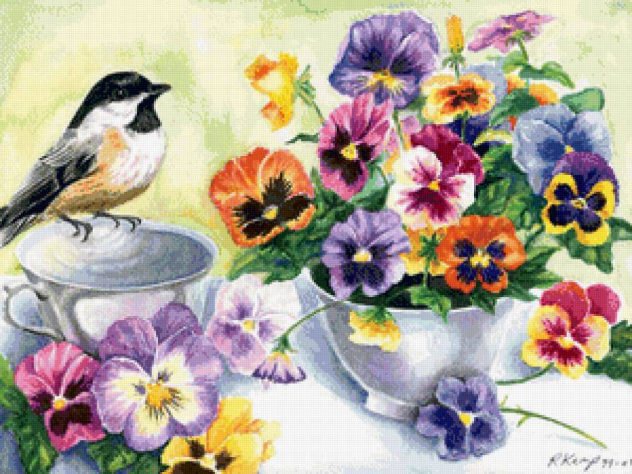 воробей и анютины глазки - природа, открытка, воробей, чашка, птица, анютины глазки, цветы - предпросмотр