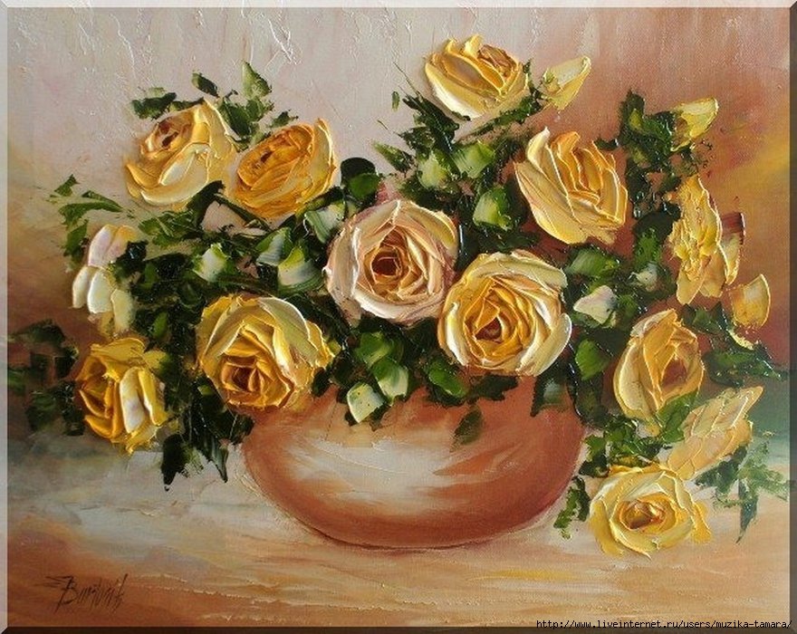 кремовые розы в вазе - розы, живопись, натюрморт, цветы, масло, ваза, букет - оригинал