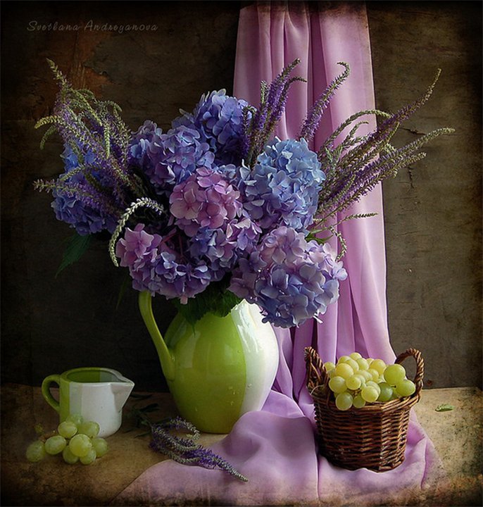 Натюрморт - ваза, цветы, фрукты - оригинал