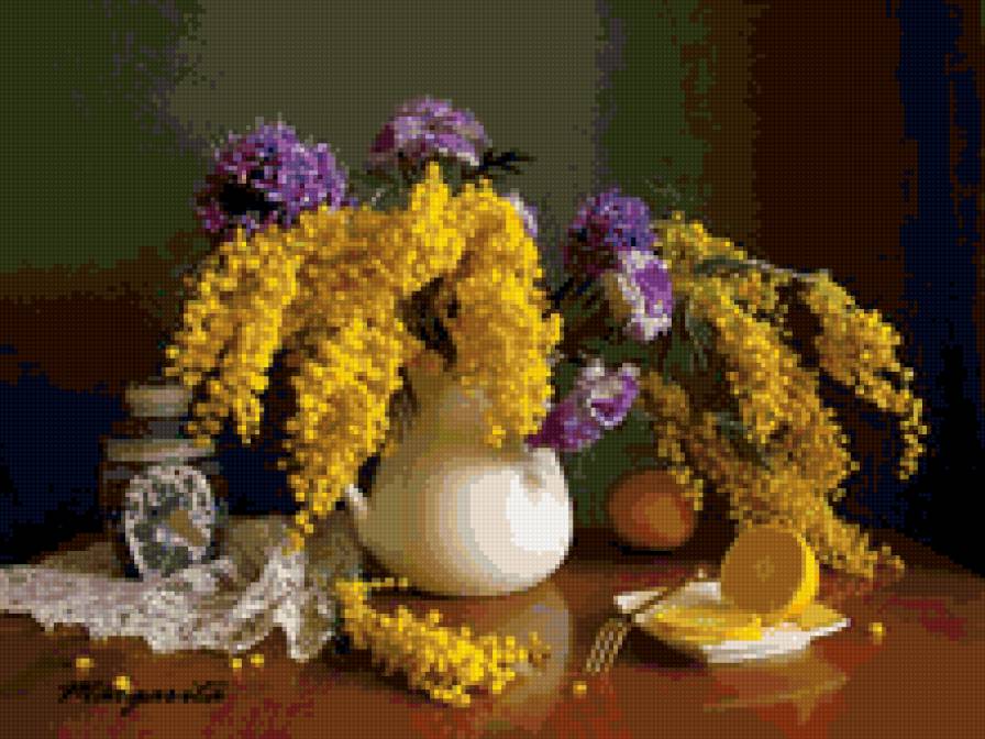 весенний букет - мимоза, ваза, цветы - предпросмотр