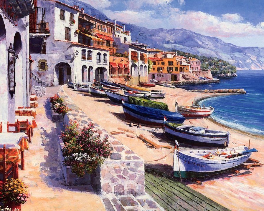 лодки на берегу - берег, море, горы, лодки, пейзаж, кафе, юг, живопись - оригинал