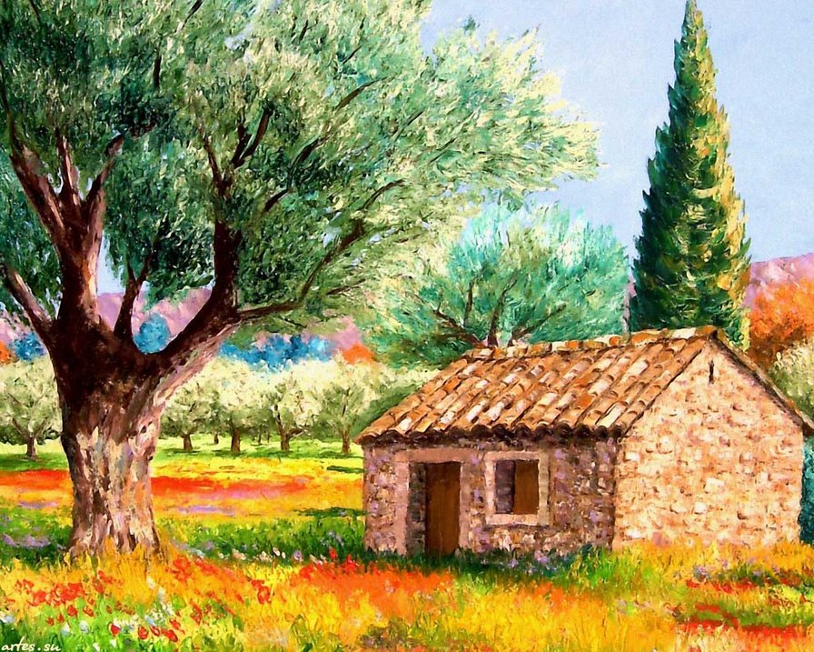 сады в тоскане - оливки, пейзаж, живопись, тоскана, лето, сад, франция, краски - оригинал