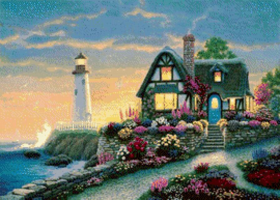 маяк у моря - дорога, море, маяк, цветы, волны, дом, лето - предпросмотр