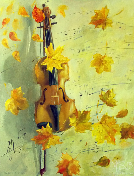 музыка осени - живопись, музыка, ноты, осень, акварель, искусство, скрипка - оригинал