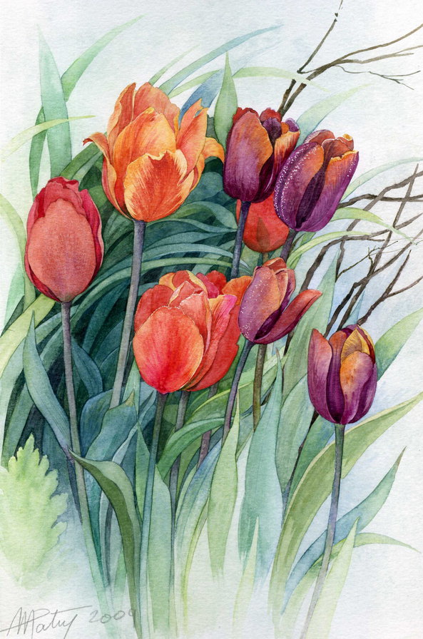 весенние тюльпаны - букет, ваза, панно, тюльпаны, акварель, весна, цветы - оригинал