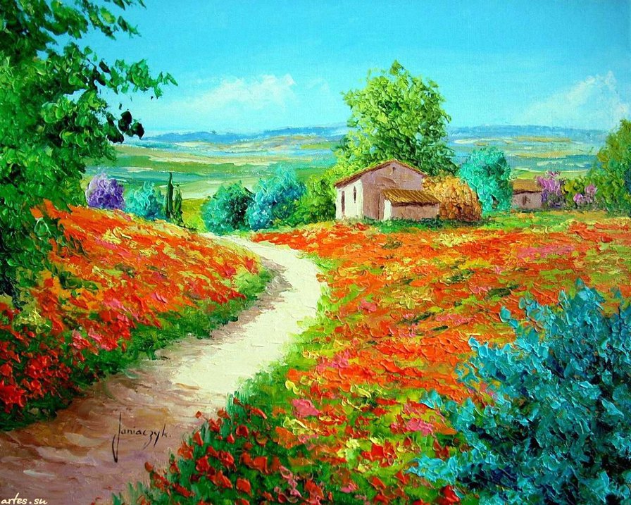 цветущие поля - пейзаж, дом, поле, подсолнухи, живопись, лето, цветы - оригинал