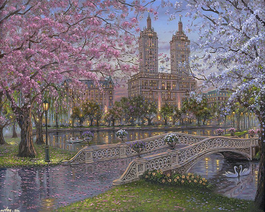 весна в нью йорке - цвет, весна, вечер, река, мост, вишня, нью йорк, америка, фонарь - оригинал