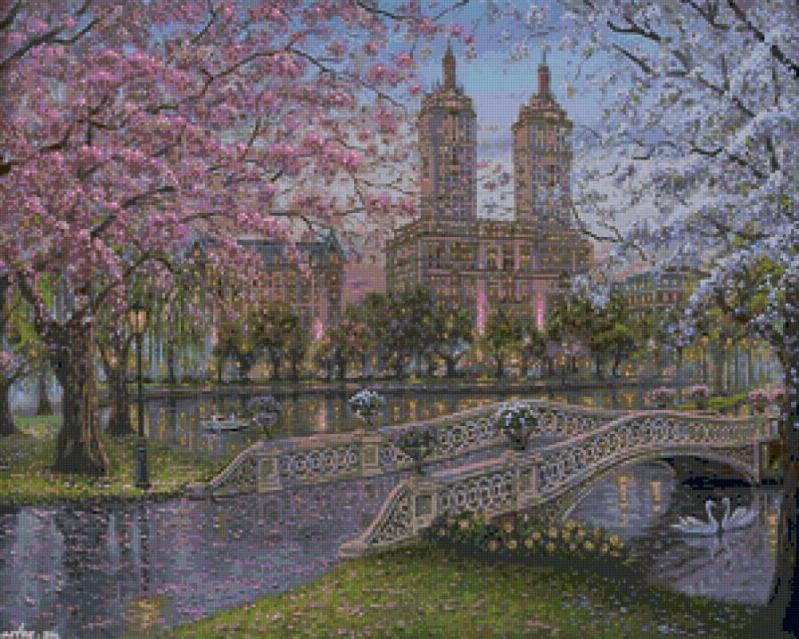 весна в нью йорке - фонарь, вишня, весна, цвет, вечер, америка, река, мост, нью йорк - предпросмотр