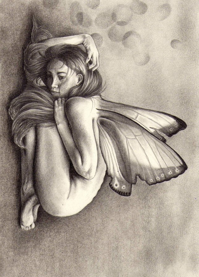 девушка бабочка - девушка, монохром, фентези, бабочка, графика - оригинал