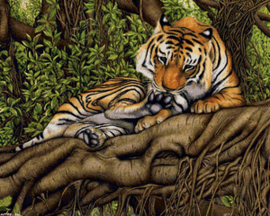тигр на дереве - дерево, рисунок, тигр, природа, панно, животные, кошки - предпросмотр