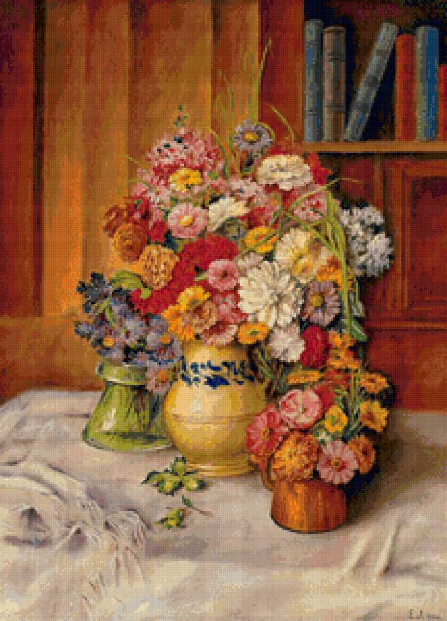цветочный натюрморт - живопись, книги, натюрморт, ваза, цветы, букет - предпросмотр