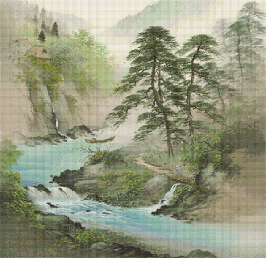 пейзаж в стиле китайской графике - акварель, восток, живопись, графика, река. китай, горы, пейзаж - предпросмотр