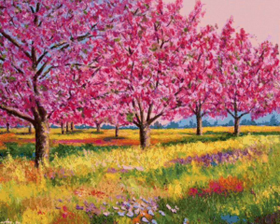 абрикосовый сад - живопись, абрикосы, деревня, цвет, сад, село, весна - предпросмотр