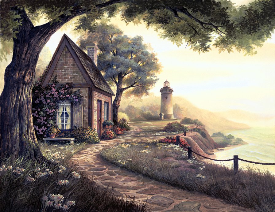 маяк и дом мечты - маяк, дом, сад, пейзаж, живопись, море, мечта, сказка, природа - оригинал