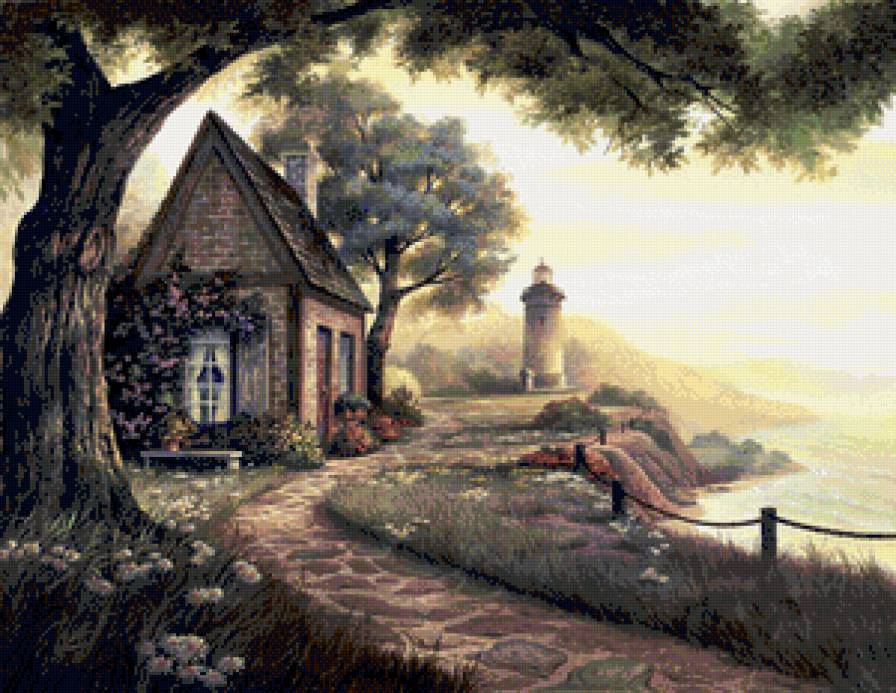 маяк и дом мечты - дом, пейзаж, море, мечта, маяк, сказка, природа, живопись, сад - предпросмотр