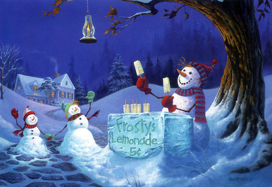 новогоднее - снеговик, вечер, зима, новый год, дом, праздник, снег - оригинал