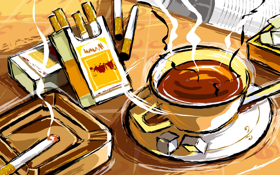 ароматный кофе - сигареты, отдых, рисунок, чашка, кофе, кухня, кафе, еда - оригинал