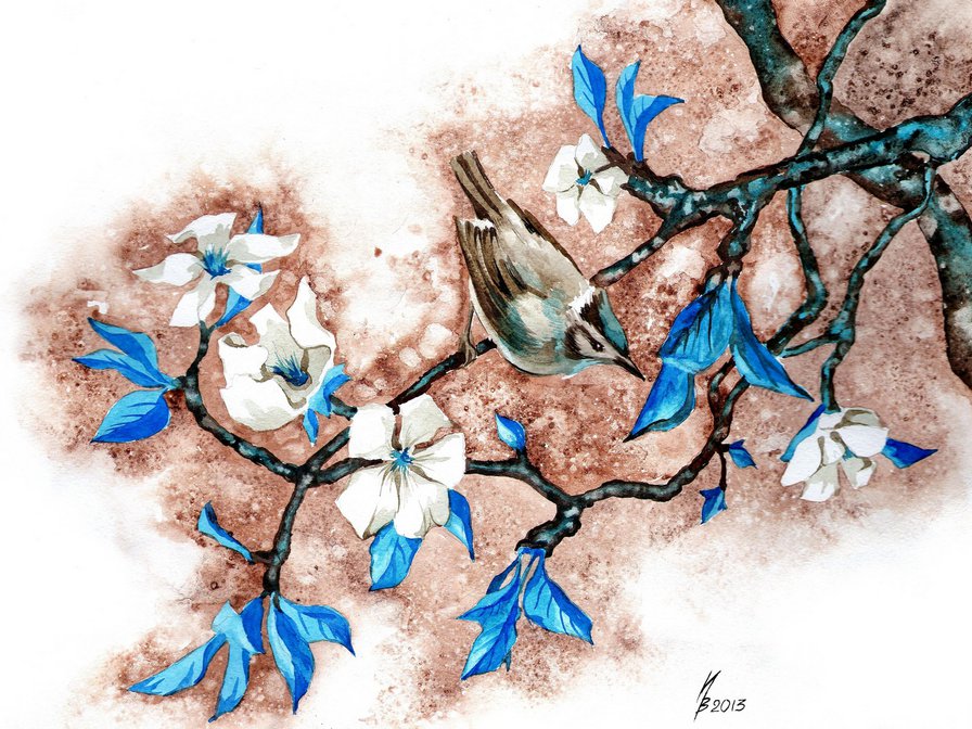 птица на ветке сакуры - цвет, графика, весна, птица, сакура, рисунок - оригинал