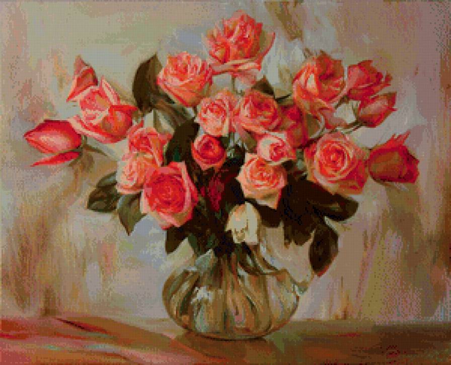 чайные розы - букет, розы, ваза, живопись, цветы, натюрморт - предпросмотр