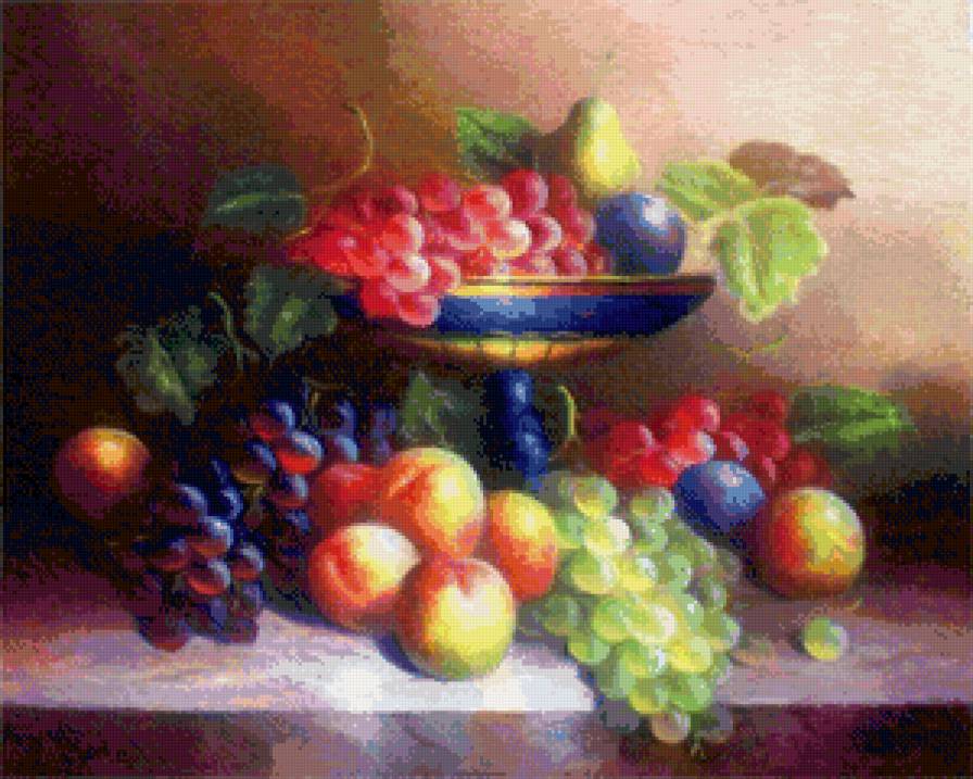 фруктовый натюрморт - фрукты, кухня, живопись, яблоко, натюрморт, еда, виноград - предпросмотр