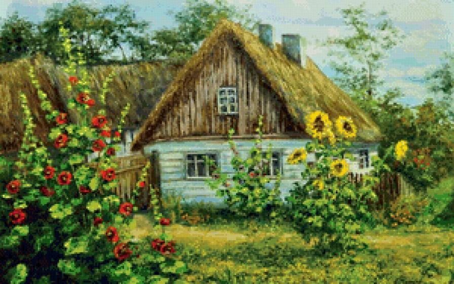 деревенский пейзаж - деревня, двор, лето, украина пейзаж, мальвы, подсолнух, живопись - предпросмотр