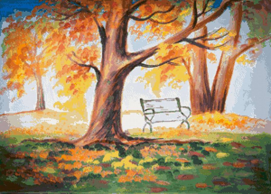 осень в парке - скамейка, туман, золото, парк, дерево, природа, осень - предпросмотр