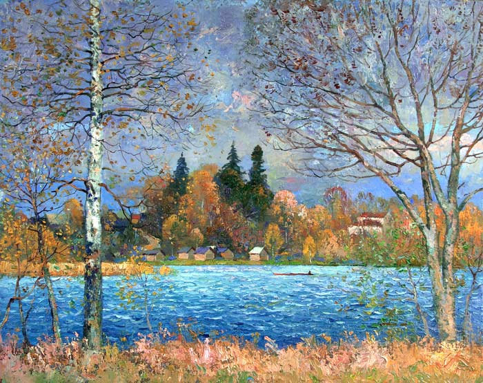 осень на реке - осень, живопись, дерево, золото, природа, река, пейзаж - оригинал