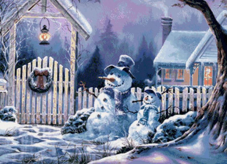 снеговики - снеговик, новый год, ночь, зайцы, акварель, зима, звезды, снег - предпросмотр