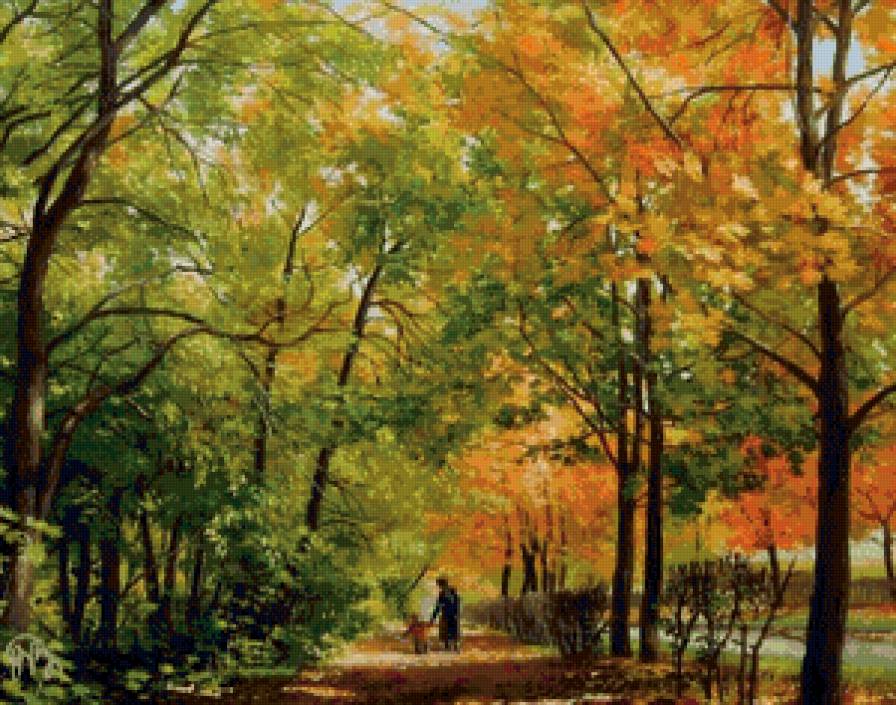 прогулка в осеннем парке - природа, прогулка, осень, золото, парк, живопись, дерево, пейзаж - предпросмотр