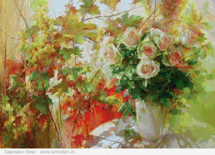 букет кремовых роз - живопись, натюрморт, букет, кувшин, розы, цветы, ваза - предпросмотр