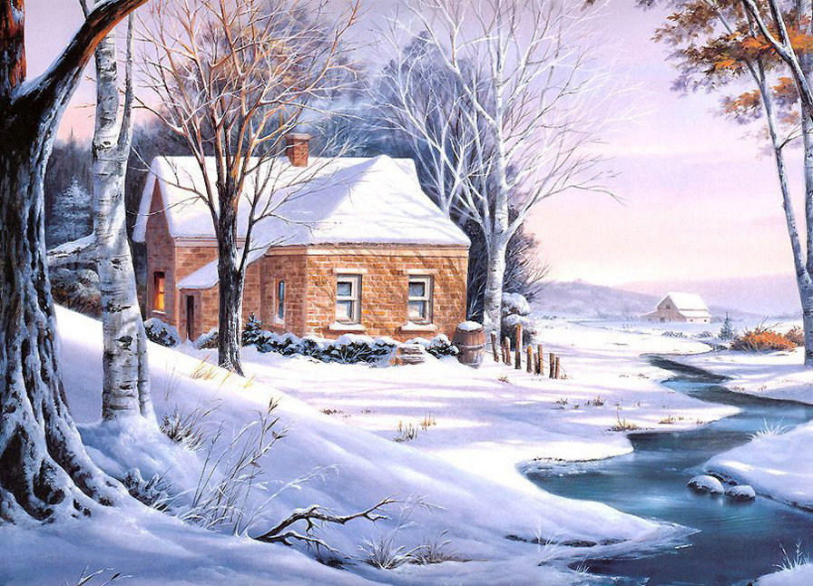 зима в деревне - зима, природа, дом, деревня, река, снег, село, дерево, живопись - оригинал