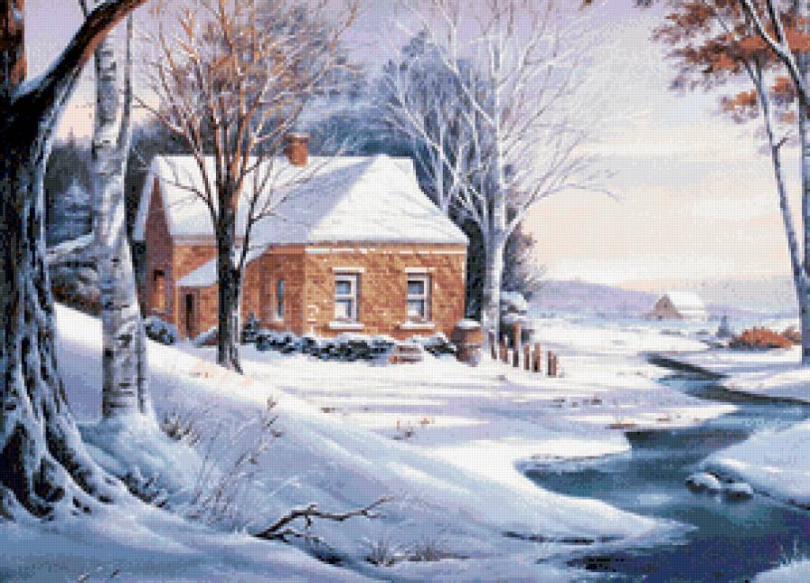 зима в деревне - дом, деревня, снег, живопись, река, зима, дерево, село, природа - предпросмотр