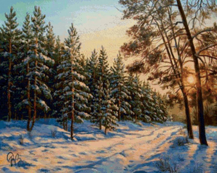 зима в лесу - солнце, лес, живопись, природа, снег, зима, пейзаж, ель, закат - предпросмотр